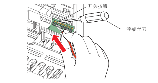 一字螺絲刀將開(kāi)關(guān)按鈕按入深處操作圖